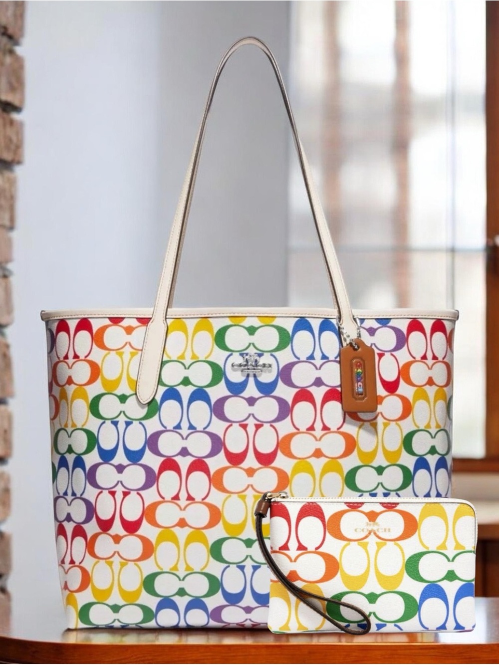 Coach Rainbow Logo Canvas Tote with Matching Wristlet